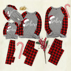 Christmas Hat and 'Believe“ Letter Print Grey Contrast top and Plaid Pants Family Matching Pajamas Set With Dog Bandana