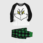 Christmas Cartoon Face Print Splice Contrast Top and Plaid Pants Family Matching Pajamas Sets