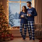 "Christmas With My Tribe"  Pattern Blue Long Sleeves with Blue&White&Black Plaid Pants Couple Matching Pajamas
