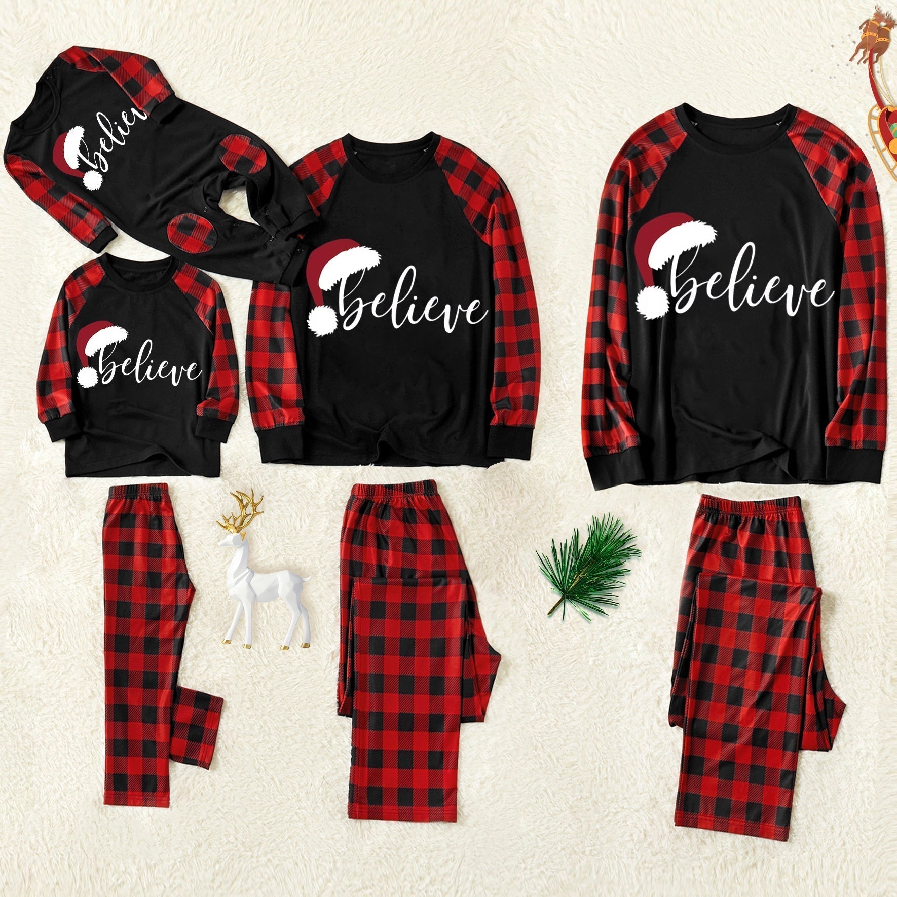 Christmas Hat and ‘Believe“ Letter Print Patterned Contrast Black top and Black & Red Plaid Pants Family Matching Pajamas Set