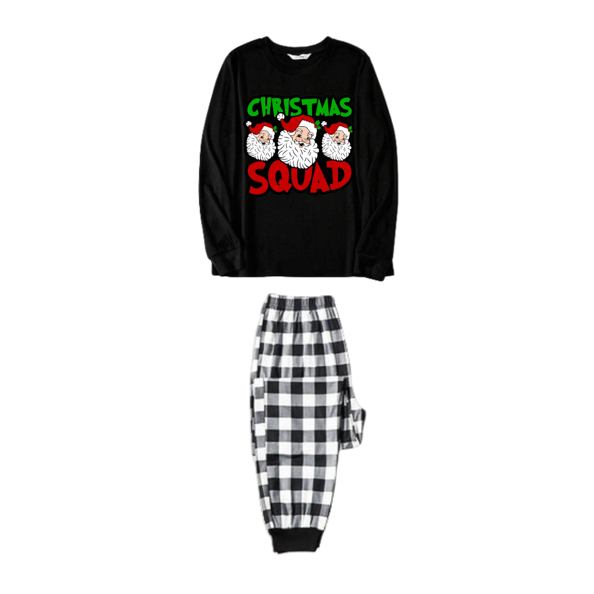Couple Black and White Plaid Pajamas "Santa Squad" and Santa Claus Print
