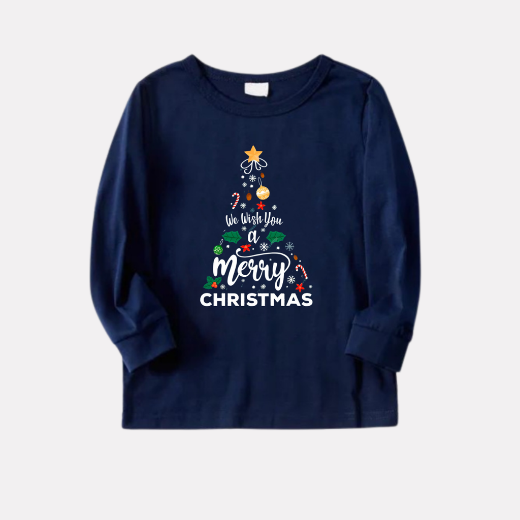 "We Wish You a Merry Christmas" Printed Blue Long Sleeve Top With Blue & Red Plaid Couple Matching Pajamas