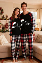 Couple Red & Black & White Plaid Pajamas Set With Christmas Hat and ‘Believe“ Letter Print