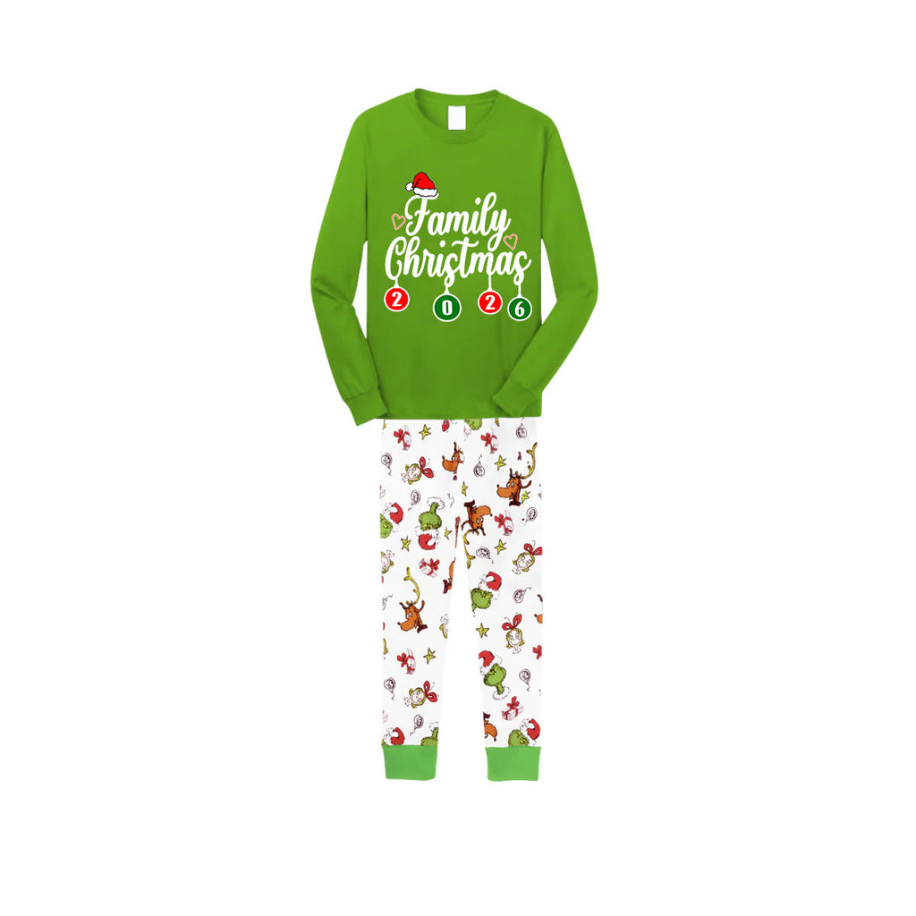 Family Christmas 2026 Pajamas Set - Green Top / Cartoon Print Pants