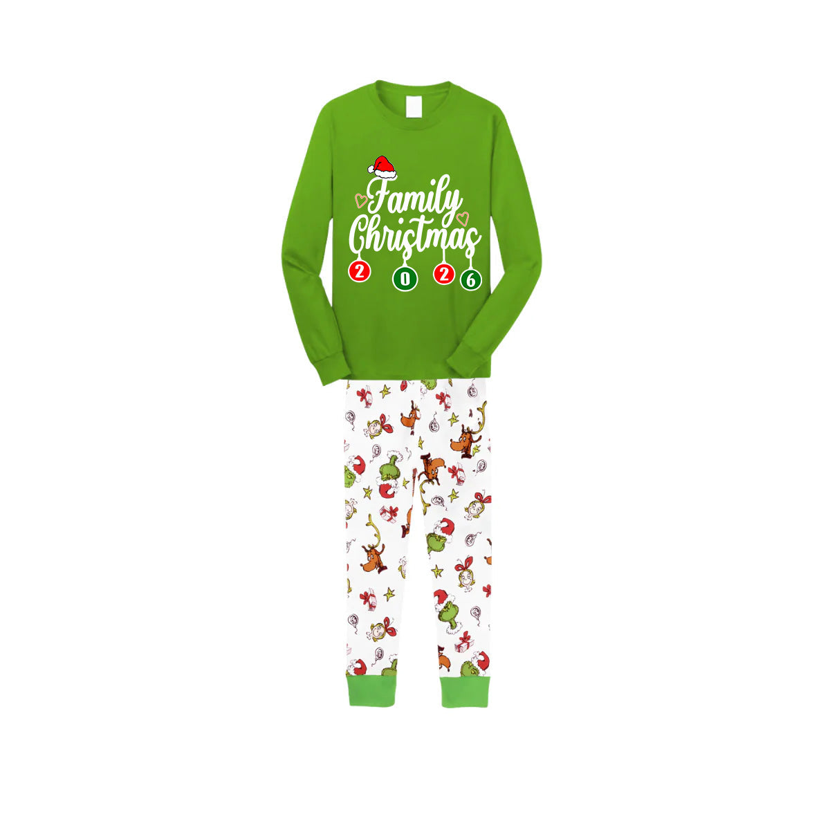 Family Christmas 2026 Pajamas Set - Green Top / Cartoon Print Pants