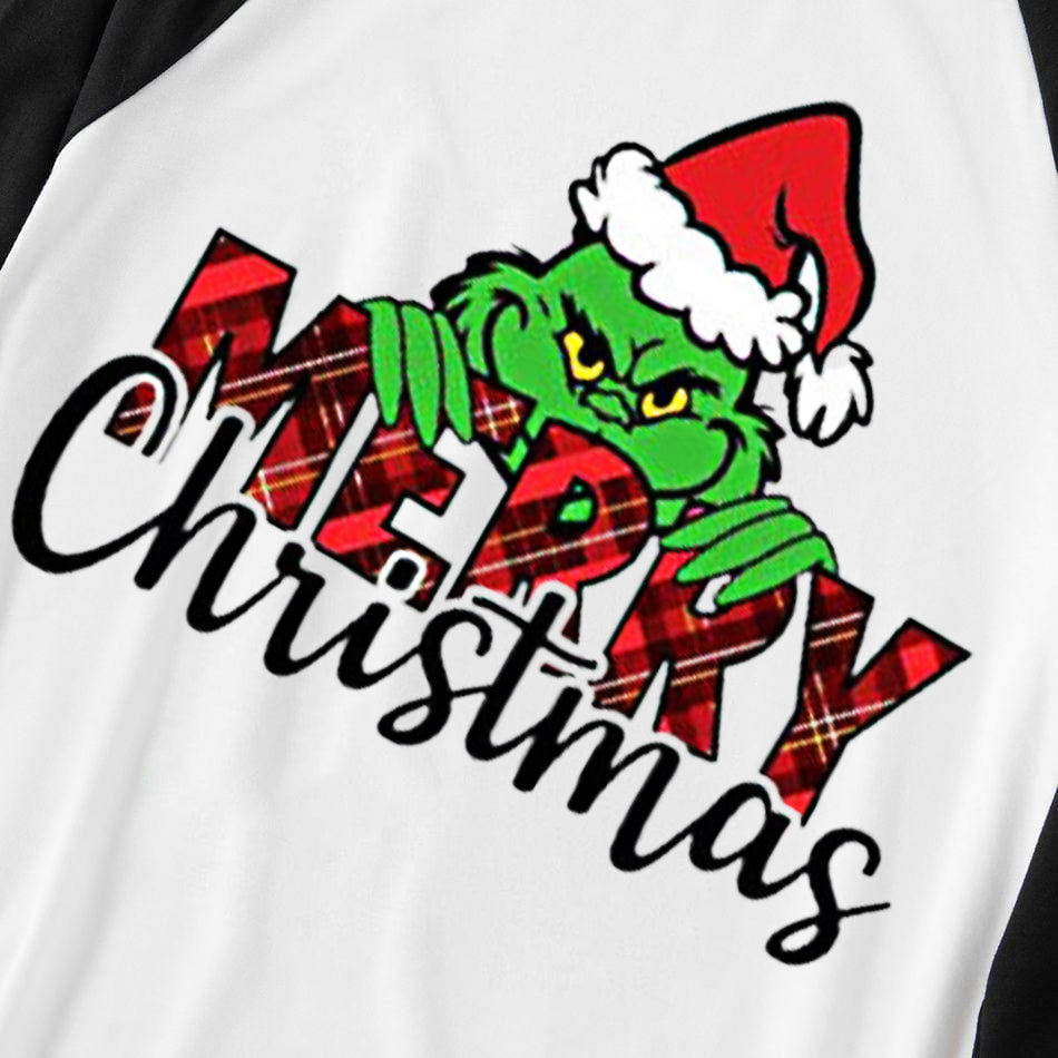 Christmas Cartoon Face 'Merry Christmas'  Print Splice Contrast Top and Plaid Pants Family Matching Pajamas Sets