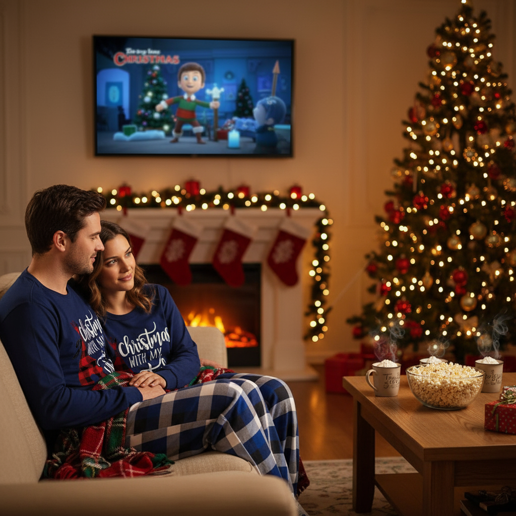 "Christmas With My Tribe"  Pattern Blue Long Sleeves with Blue&White&Black Plaid Pants Couple Matching Pajamas