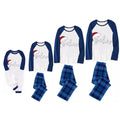 Christmas Hat and ‘Believe“ Letter Print Patterned Blue Sleeve Contrast Tops and Blue Plaid Pants Family Matching Pajamas Sets With Dog Bandan