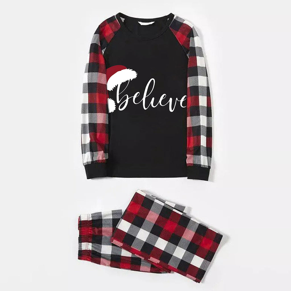 Christmas Hat and ‘Believe“ Letter Print Patterned Plaid Sleeve Contrast Tops and Red & Black & White Plaid Pants Family Matching Pajamas Set With Dog Bandana
