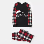Couple Red & Black & White Plaid Pajamas Set With Christmas Hat and ‘Believe“ Letter Print