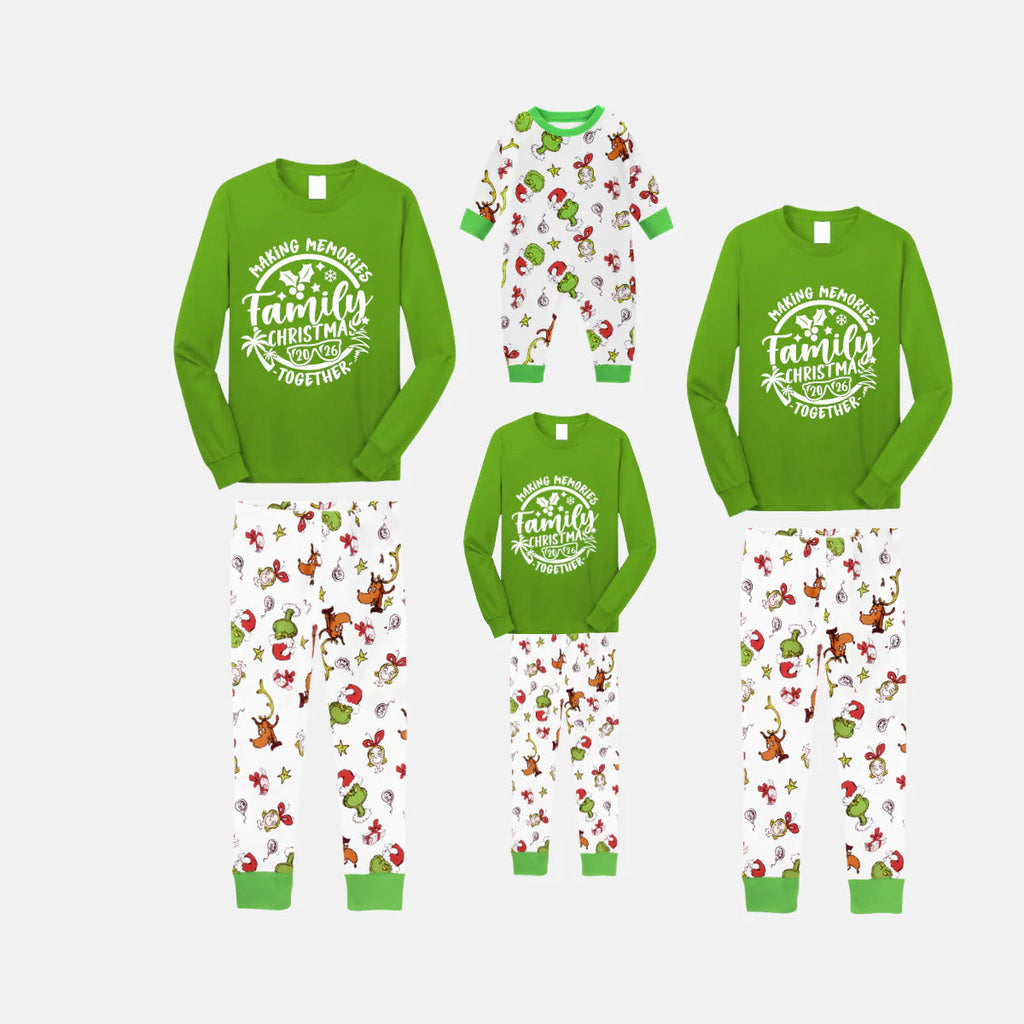 Making Memories Family Christmas Pajamas - Green & Cartoon Print