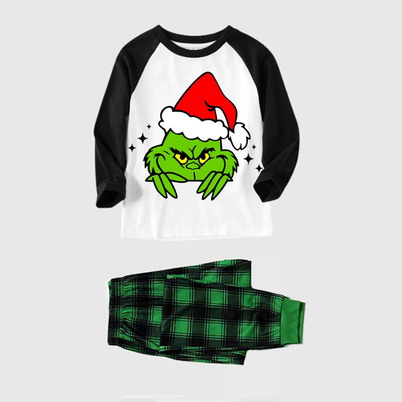 Christmas Cute Cartoon Print Print Splice Contrast Top and Black and Green Plaid Pants Family Matching Pajamas Sets