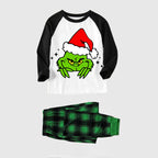 Christmas Cute Cartoon Print Print Splice Contrast Top and Black and Green Plaid Pants Family Matching Pajamas Sets