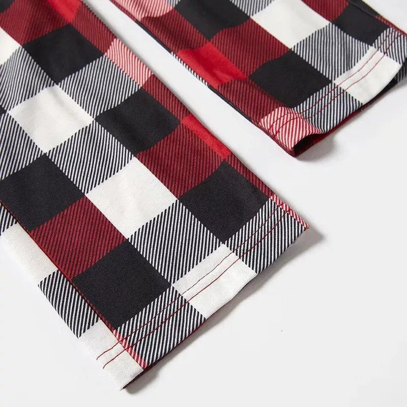 "2026 Christmas CREW " Text Printed Pattern - Black Top with Red&Black&White Plaid Sleeves - Family Matching Pajamas
