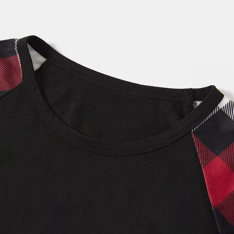 "2026 Christmas CREW " Text Printed Pattern - Black Top with Red&Black&White Plaid Sleeves - Family Matching Pajamas