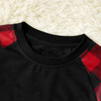Christmas 'What Up' Letter Print Contrast Black Top and Black & Red Plaid Pants Family Matching Pajamas Set With Dog Bandana