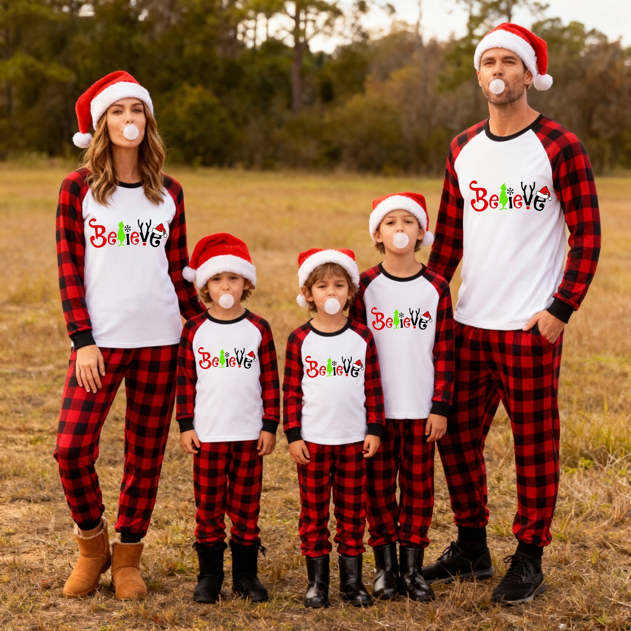 Christmas 2026 "Believe" Letter White Long Sleeve Top and Red & Black Plaid Pants Family Matching Pajamas