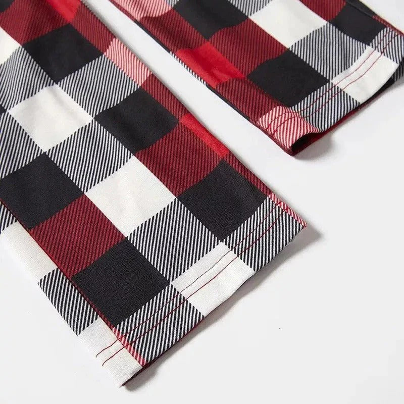 "FAMILY 2026 CHRISTMAS  MAKING MEMORIES TOGETHER " Text And Santa Hat Printed Pattern- Black Top with Red&Black&White Plaid Sleeves - Family Matching Pajamas