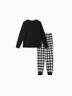 2026 Family Christmas Text Print Black Long Sleeve Top with Black And White Plaid Pants Family Matching Pajamas