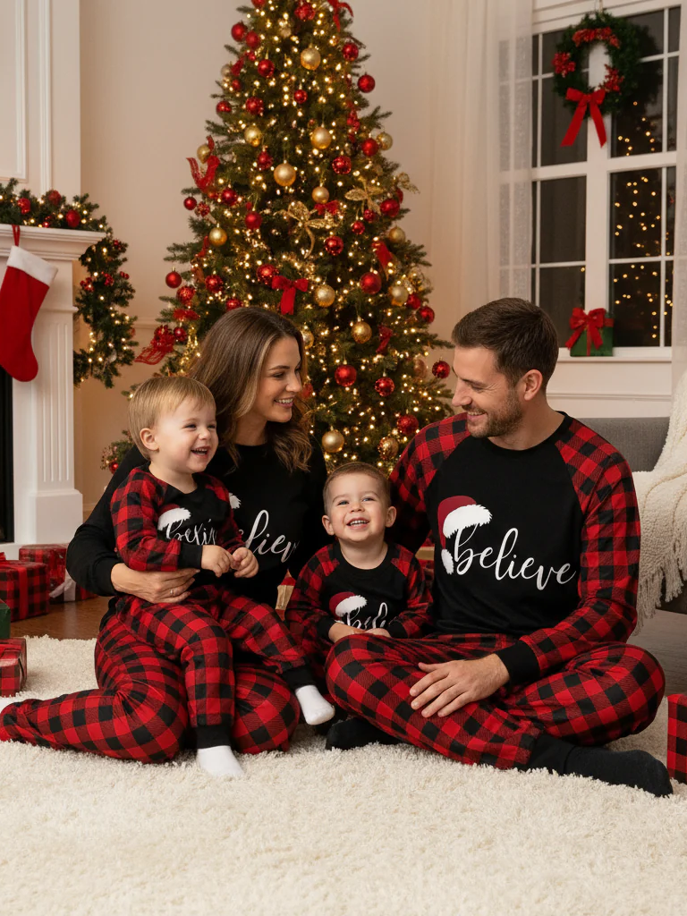 Christmas Hat and ‘Believe“ Letter Print Patterned Contrast Black top and Black & Red Plaid Pants Family Matching Pajamas Set
