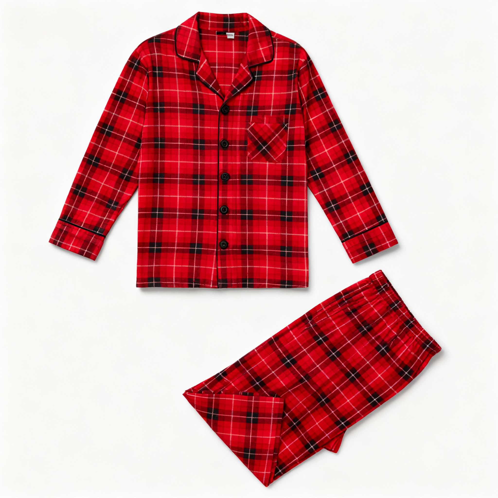Christmas Family Matching Red Plaid Button Up Long-sleeve Pajamas Sets With Dog