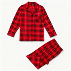 Christmas Couple Matching Red Plaid Button Up Long-sleeve Pajamas Sets With Dog