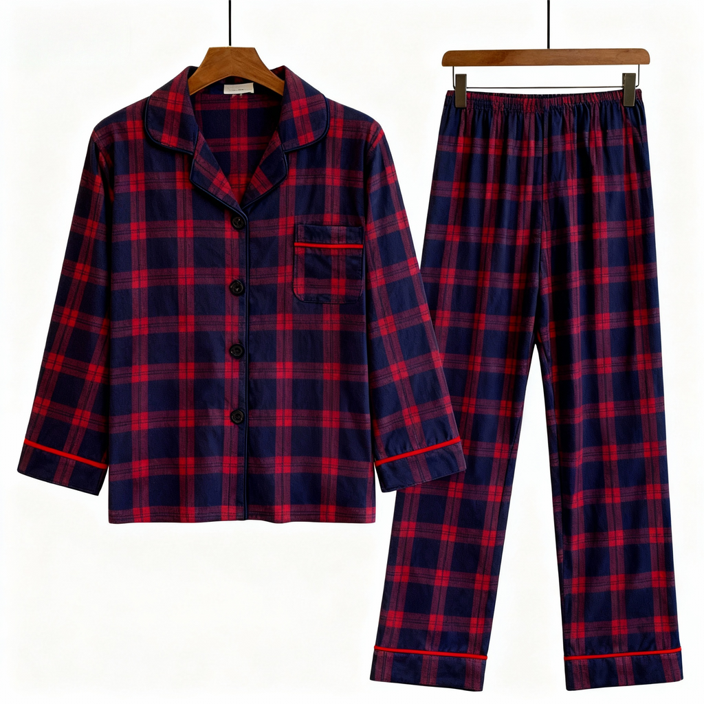 Holiday Couple Button-down Christmas Blue and Red Plaid Pajamas Set