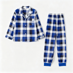 Couple Christmas Blue and White Plaid Button-Front Pajamas Sets