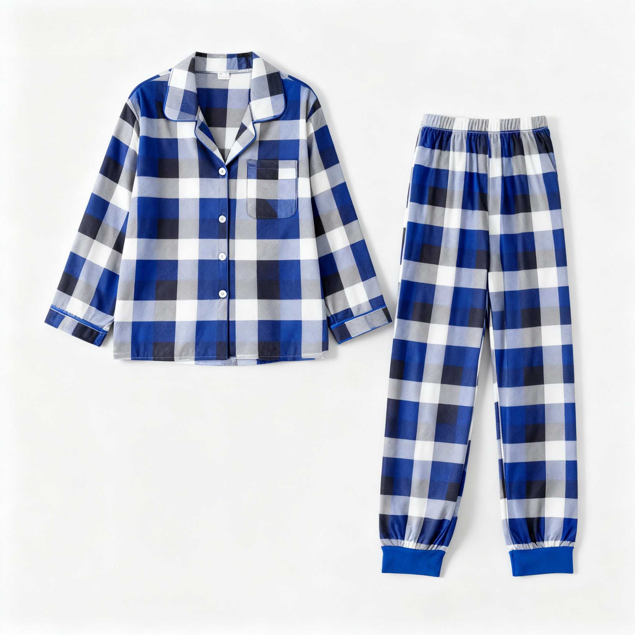 Couple Christmas Blue and White Plaid Button-Front Pajamas Sets
