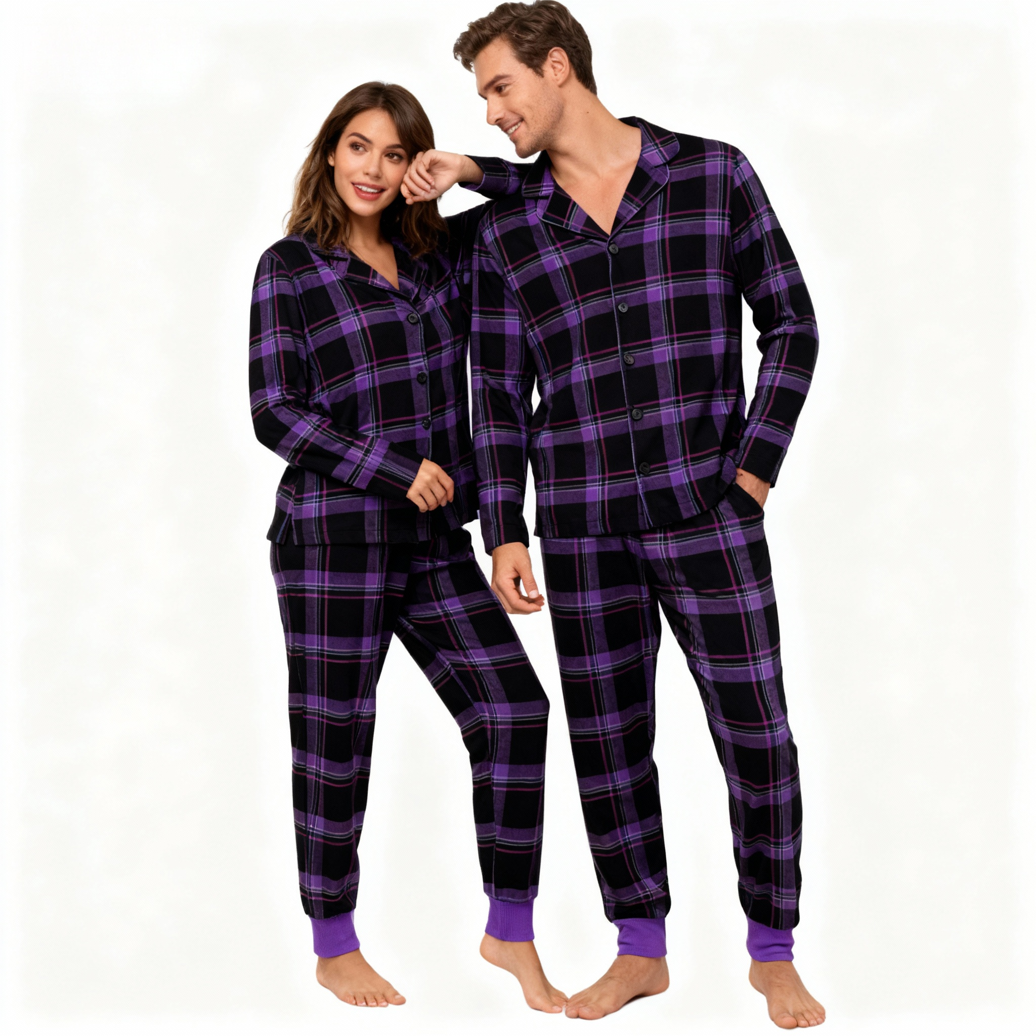 Christmas Purple Plaid Button-Front Pajamas Family Pajamas Sets