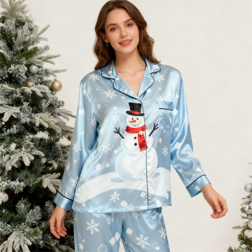Holiday Couple Button-Up Sky Blue Satin Christmas Pajamas Set