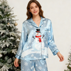 Holiday Couple Button-Up Sky Blue Satin Christmas Pajamas Set