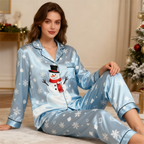 Holiday Couple Button-Up Sky Blue Satin Christmas Pajamas Set