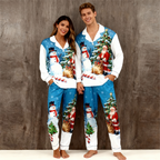 Holiday Couple Button-Up Santa and Snowman Printed Satin Christmas Pajamas Set