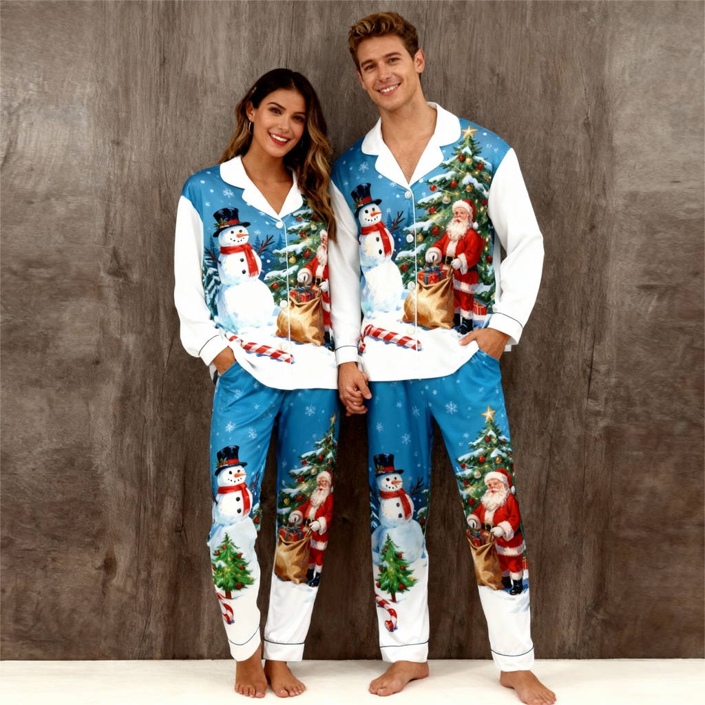 Holiday Family Button-Up Santa and Snowman Printed Satin Christmas Pajamas Set