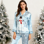 Holiday Couple Button-Up Sky Blue Satin Christmas Pajamas Set