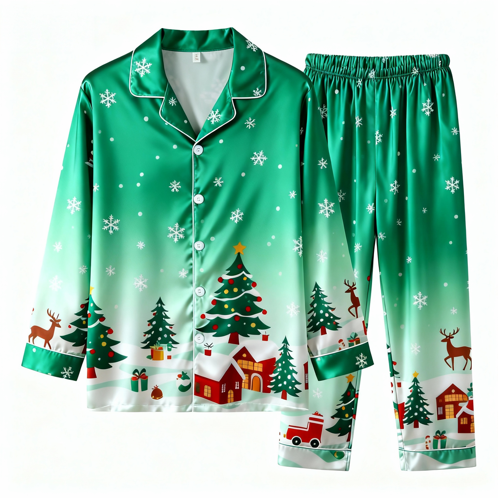 Holiday Couple Button-Up Christmas Pattern Printed Green Satin Christmas Pajamas Set