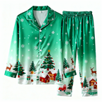 Holiday Couple Button-Up Christmas Pattern Printed Green Satin Christmas Pajamas Set