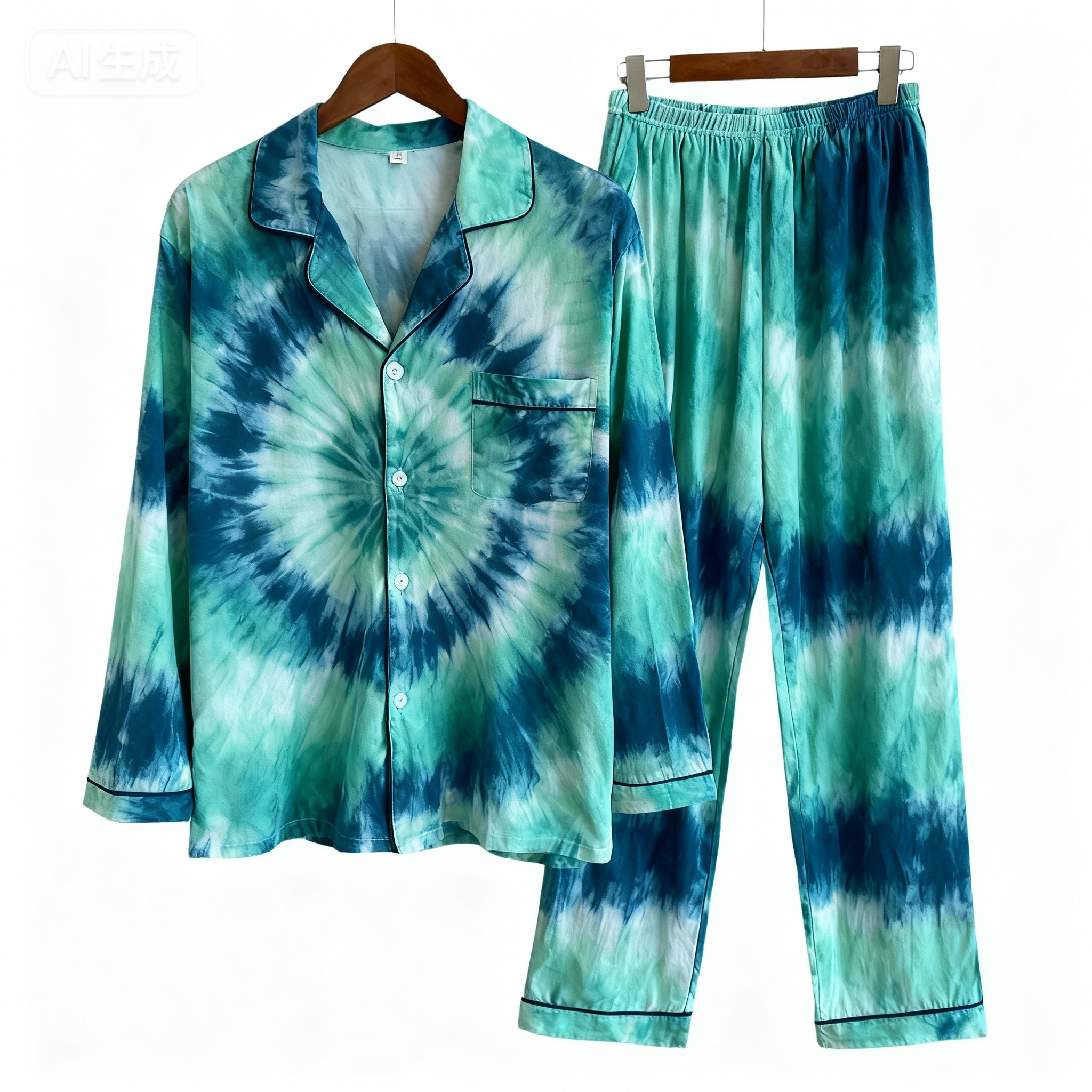 Holiday Couple Button-Up Green Tie-dyed Christmas Pajamas Set