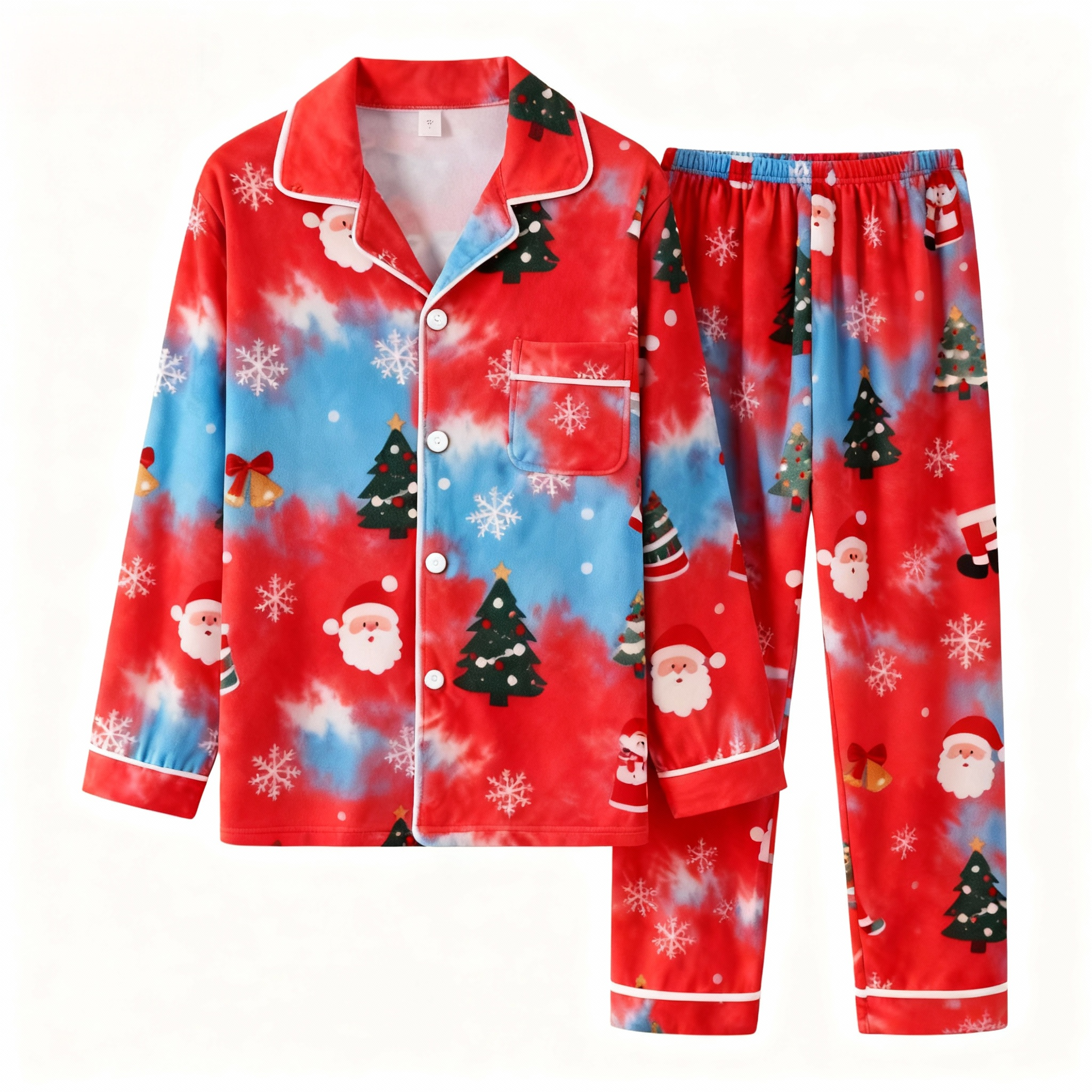 Holiday Couple Button-Up Red Tie-dyed Christmas Pajamas Set