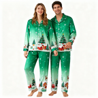 Holiday Couple Button-Up Christmas Pattern Printed Green Satin Christmas Pajamas Set