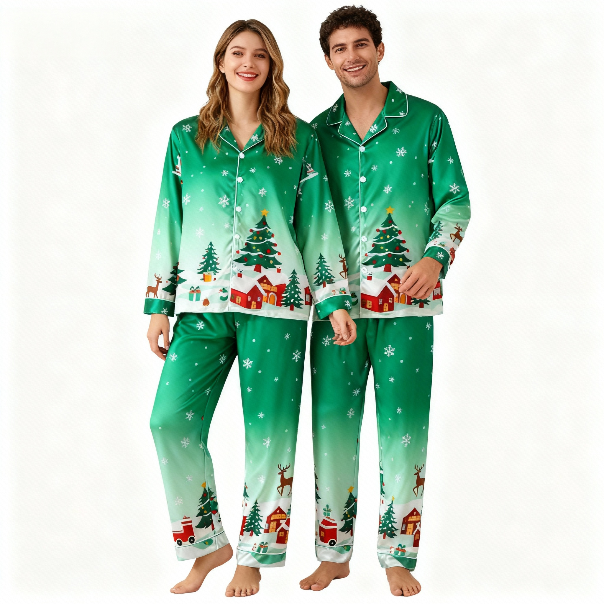 Holiday Couple Button-Up Christmas Pattern Printed Green Satin Christmas Pajamas Set