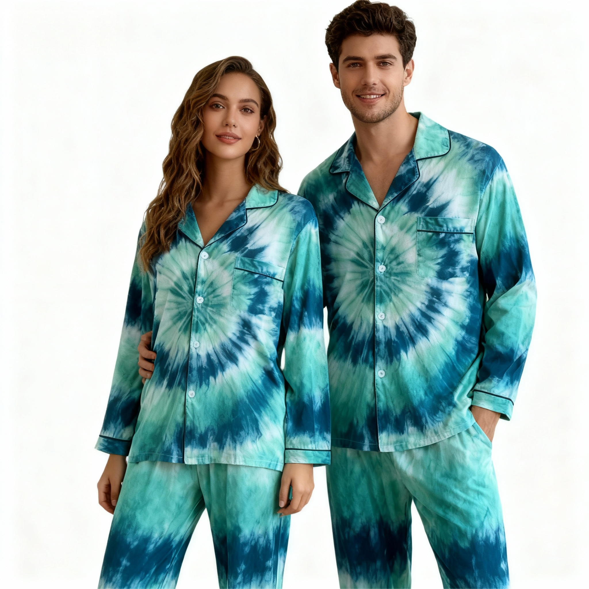 Holiday Couple Button-Up Green Tie-dyed Christmas Pajamas Set