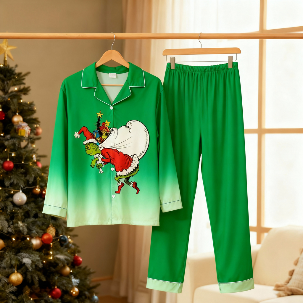 Gradient Color Button-Up Couple Christmas Pajamas Set