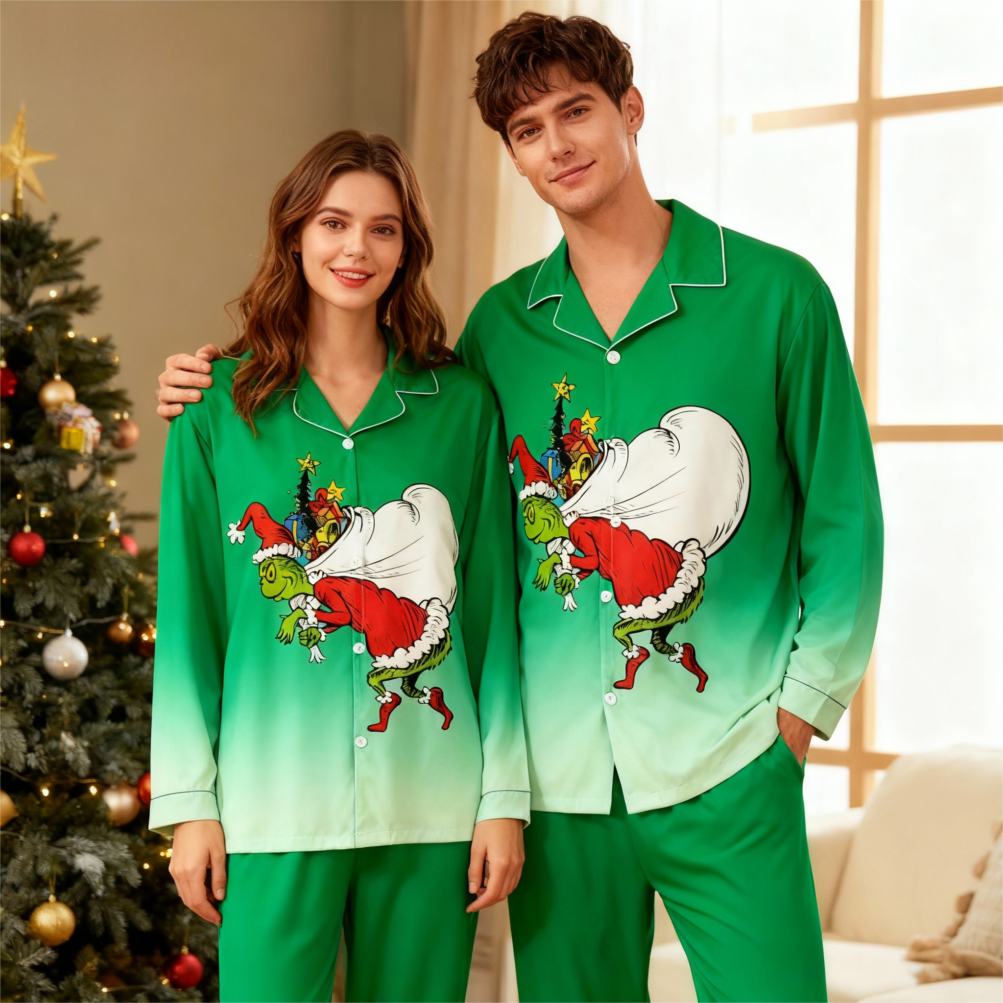 Gradient Color Button-Up Couple Christmas Pajamas Set