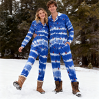 Holiday Couple Button-Up Blue & Tree Tie-dyed Christmas Pajamas Set