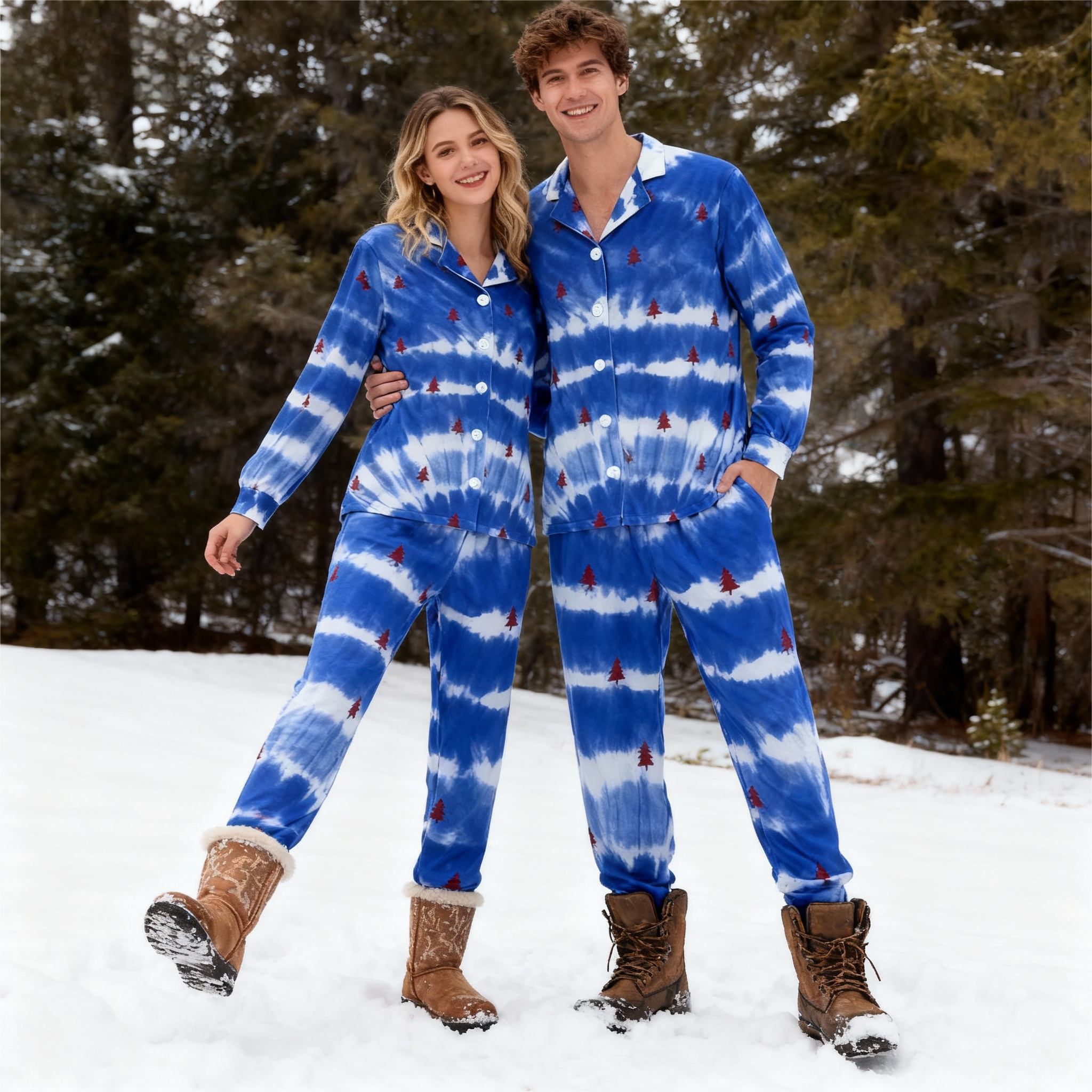 Holiday Couple Button-Up Blue & Tree Tie-dyed Christmas Pajamas Set