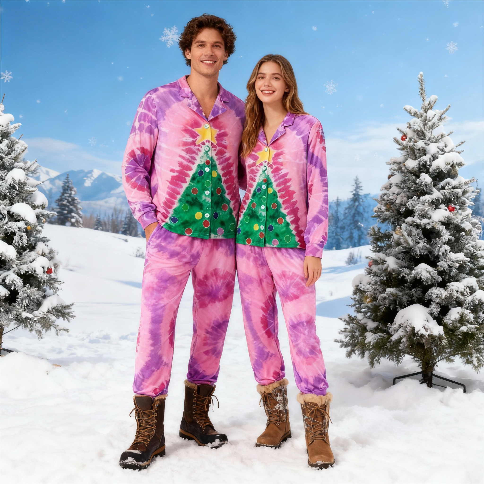 Holiday Couple Button-Up Pink Tie-dyed Christmas Pajamas Set