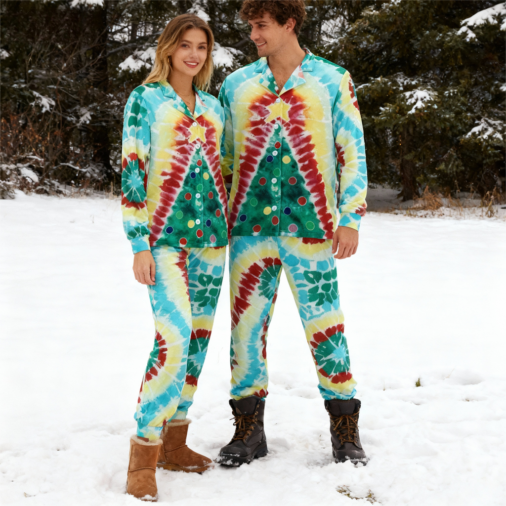 Holiday Family Button-Up Green & Yellow Tie-dyed Christmas Pajamas Set