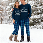 "Merry Christmas" White Letter 2026 Blue Long Sleeve Top With Blue Plaid Couple Matching Pajamas